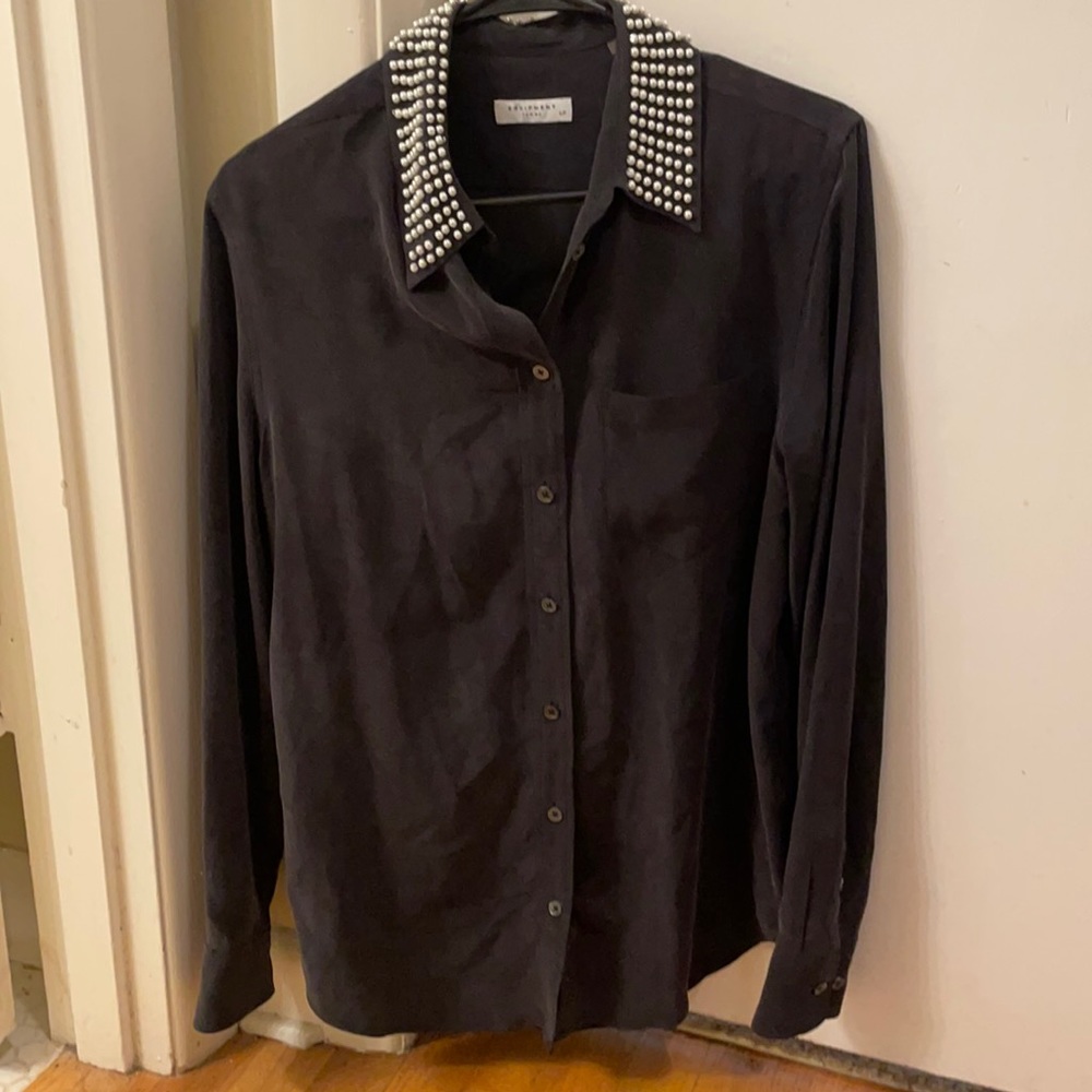 Equipment femme long sleeve black button up shirt with pearl detailing